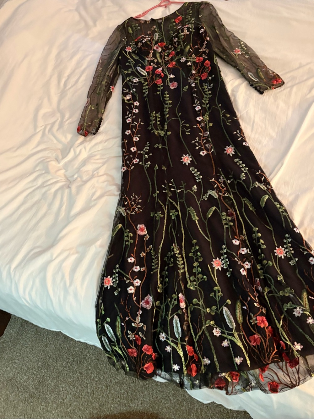 JJs House Black Long Sleeve Floral Embroidered Evening Gown